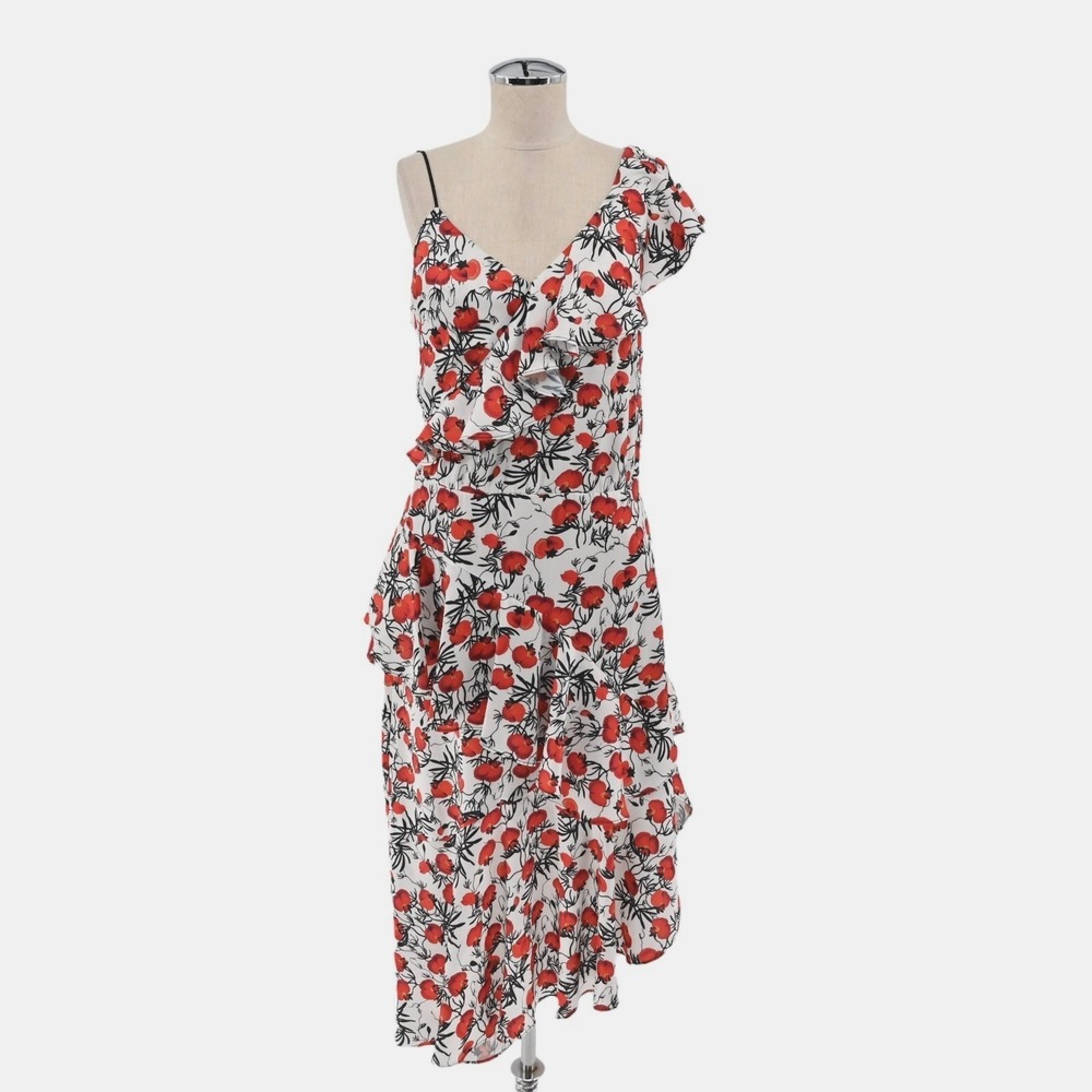 DELFI COLLECTIVE Zarina Midi Dress Size S Floral Ruffle Detail Asymmetrical Chic